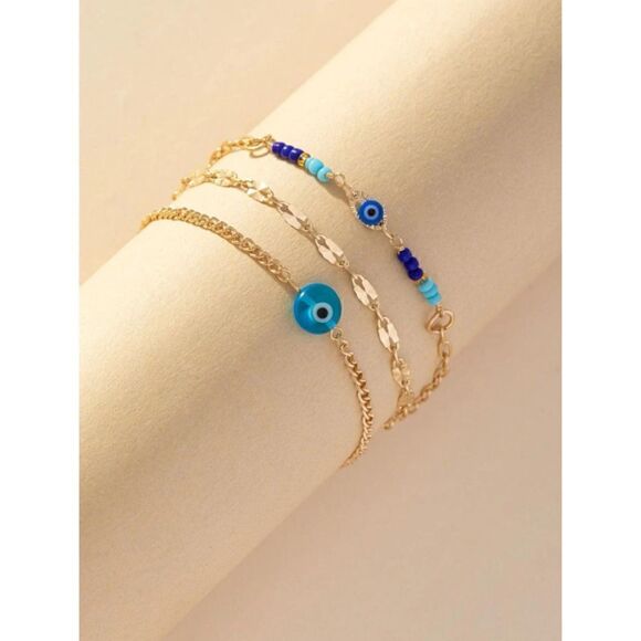 3 Pieces/Set Blue Evil Eye Ankle Bracelets Women Beach Vacation Style - Picture 1 of 3